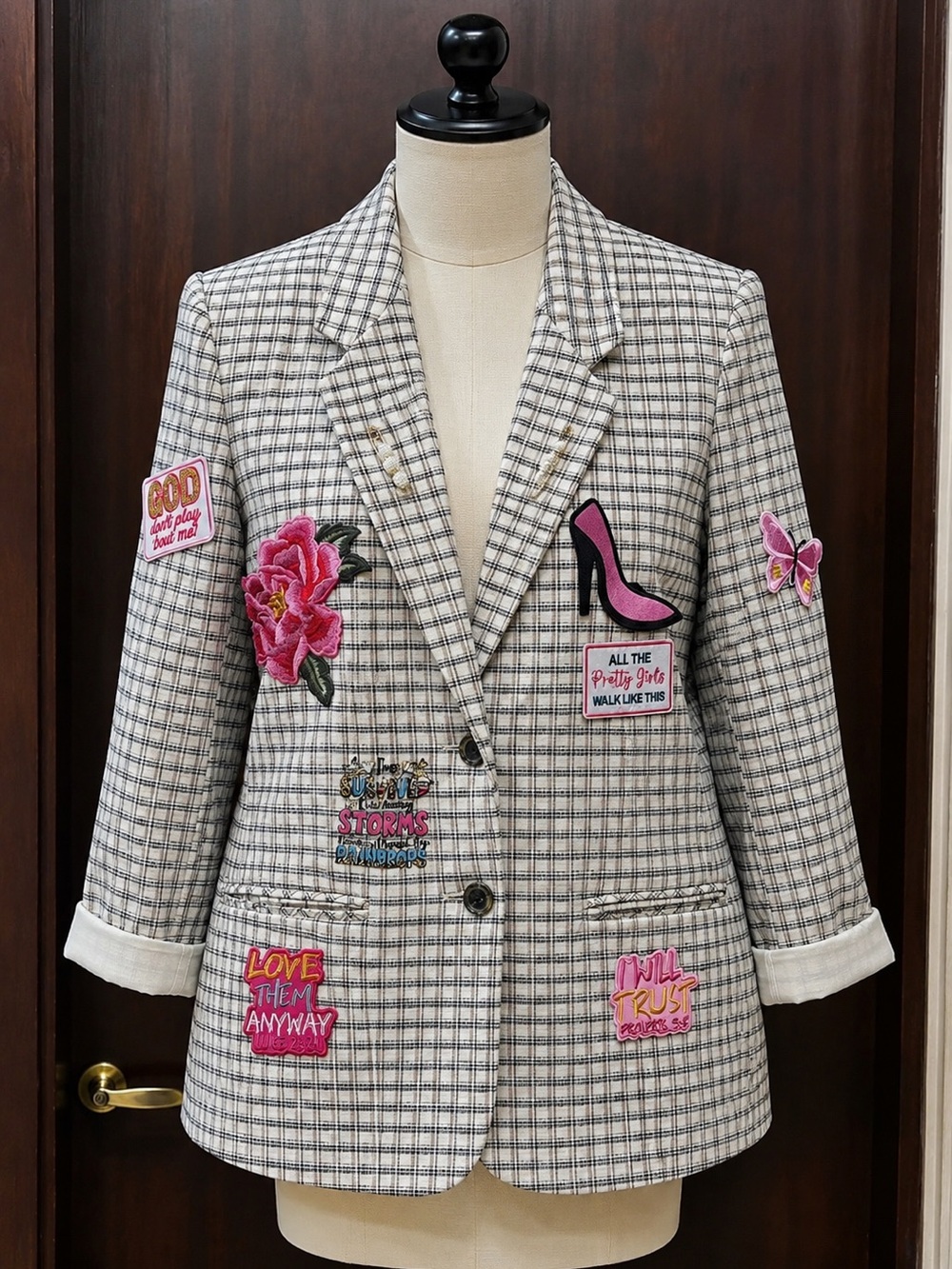 Checked Blazer with Pink Embroidered Patches - Women's Jacket